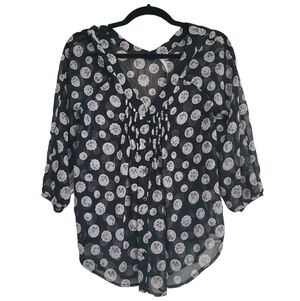 LC Lauren Conrad Semi Sheer Chiffon Black Floral Pleat Button Front Blouse XS